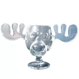 A glass shaped like a moose head, featuring antlers and a nose, used as a novelty drinking vessel.