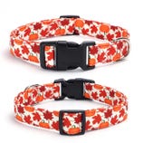 A dog collar featuring a fall-themed design with orange pumpkins and red maple leaves, equipped with a black buckle and metal D-ring for leash attachment.
