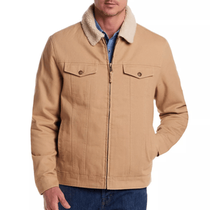 Tan jacket with a white sherpa collar, front zipper, two chest pockets, and side pockets, paired with blue jeans.