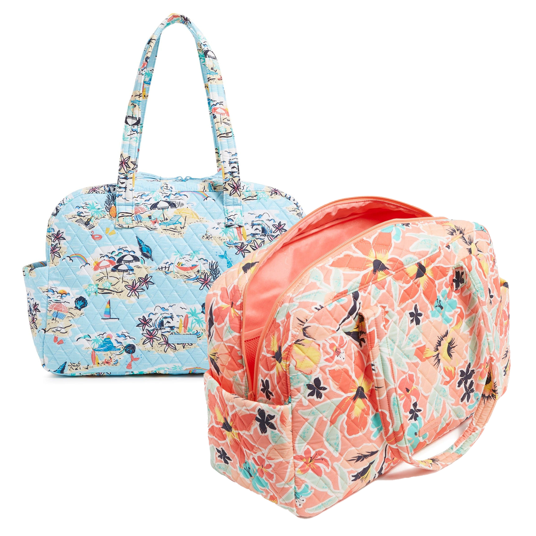 Two quilted fabric bags with floral patterns, one in pastel blue with beach motifs and the other in shades of coral and peach.