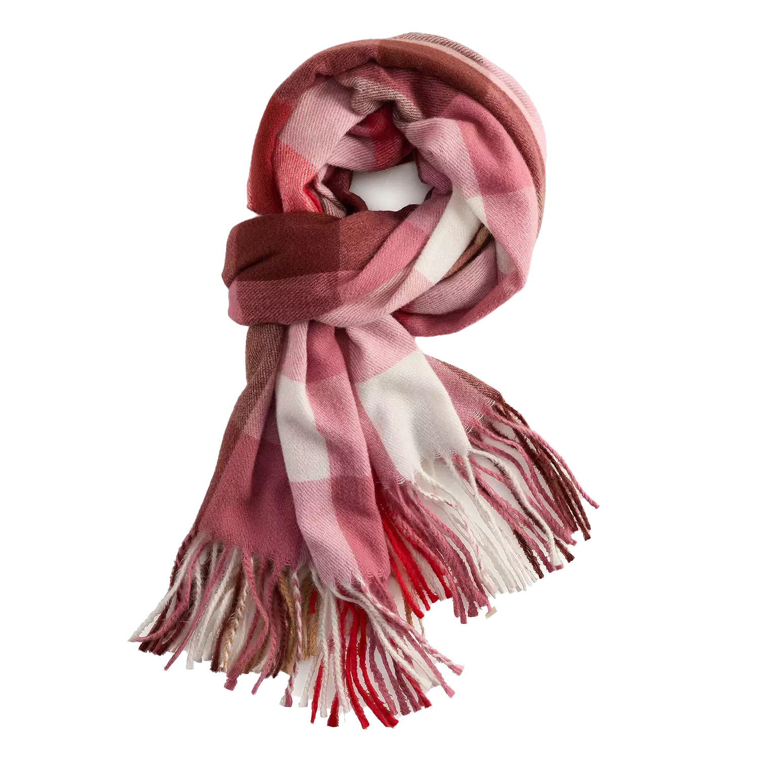 A plaid scarf in shades of pink, red, and white with fringed ends.