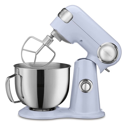 A light blue stand mixer with a stainless steel mixing bowl and a paddle attachment.