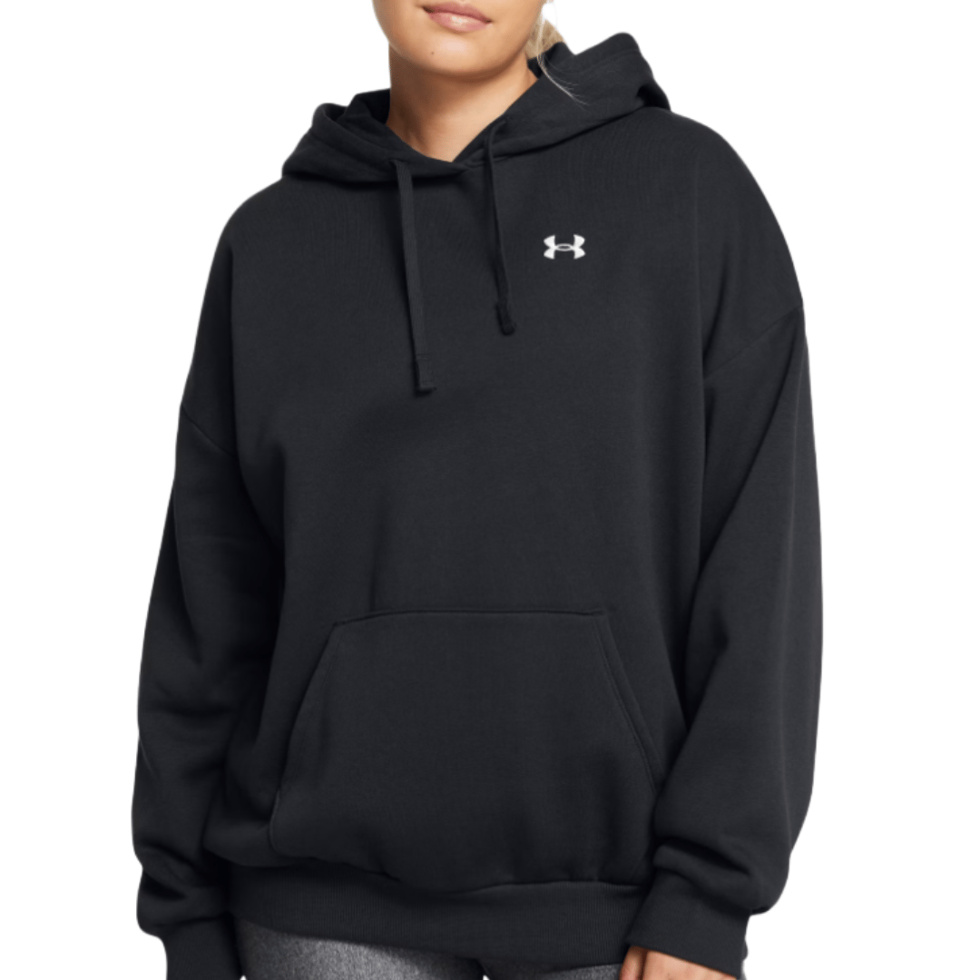Black Under Armour hoodie with a kangaroo pocket and drawstring hood, featuring a small logo on the left chest.
