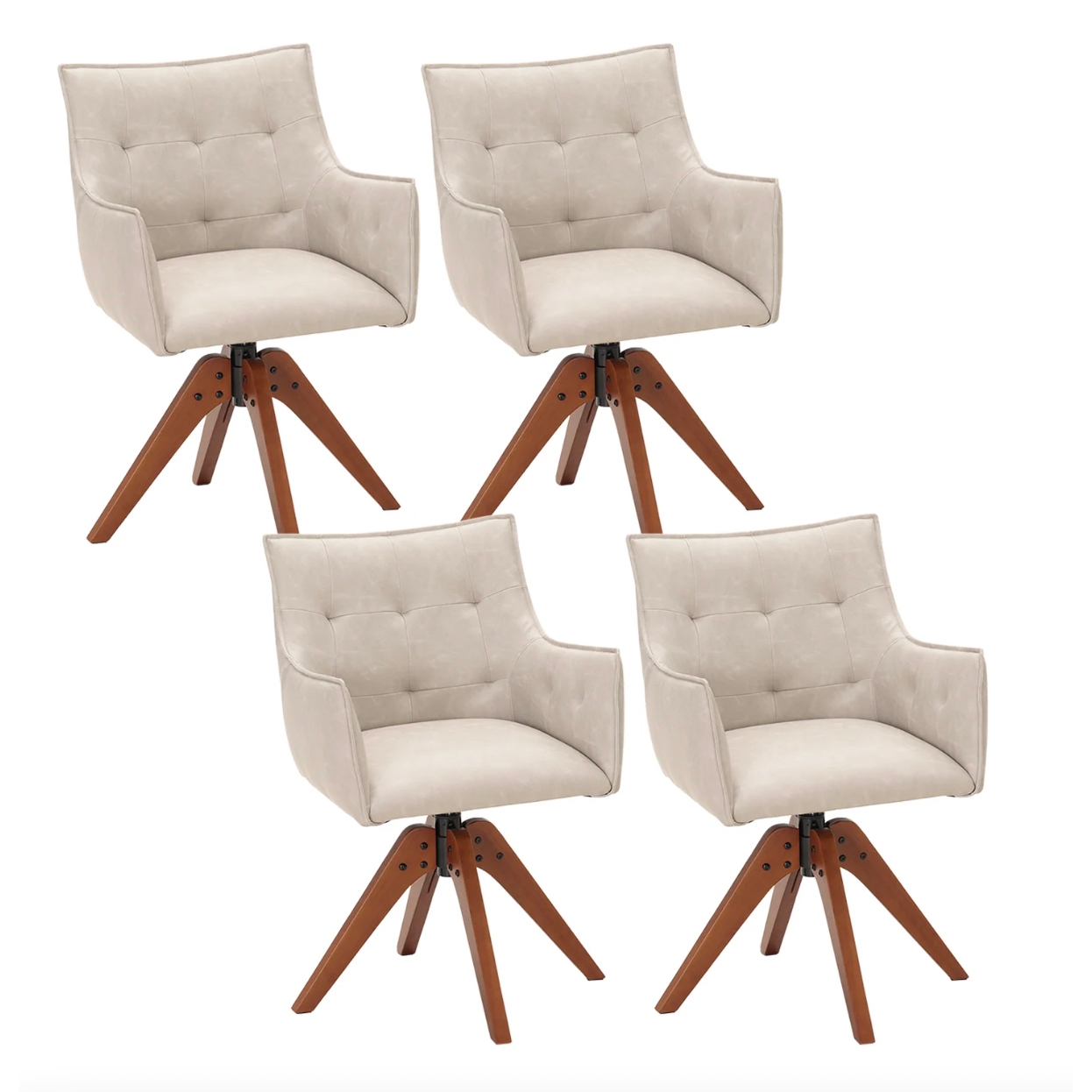 Four beige swivel chairs with padded seats and backrests, featuring quilted stitching and supported by angled wooden legs.
