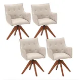 Four beige swivel chairs with padded seats and backrests, featuring quilted stitching and supported by angled wooden legs.
