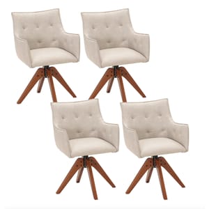 Four beige swivel chairs with padded seats and backrests, featuring quilted stitching and supported by angled wooden legs.