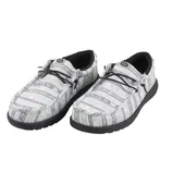 Casual slip-on shoes with a patterned gray and white fabric upper, featuring black laces and a dark sole. The shoes have a cozy, padded interior, likely designed for comfort.