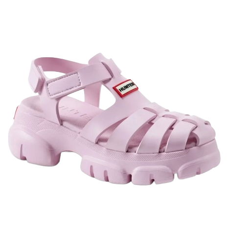 Light pink platform sandal with a chunky heel and adjustable straps, featuring a logo on the front.