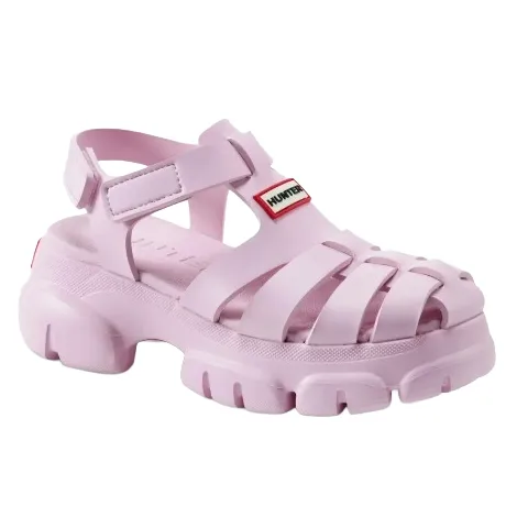 Light pink platform sandal with a chunky heel and adjustable straps, featuring a logo on the front.