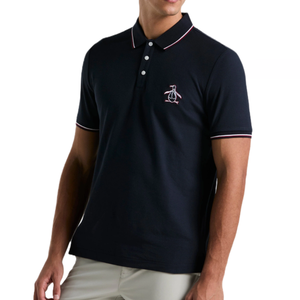 A dark polo shirt with white and red stripe details on the collar and sleeves, featuring a small embroidered penguin logo on the chest.