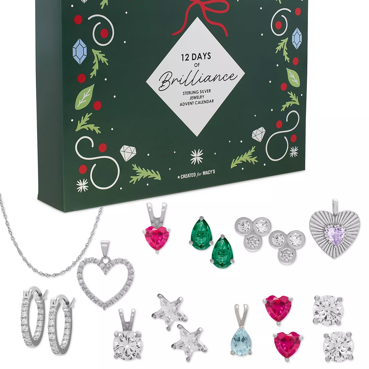 A \“12 Days of Brilliance\“ sterling silver jewelry advent calendar from Macy's features various earrings and pendants, including heart, star, and pear-shaped designs, with a mix of colorful stones and cubic zirconia.