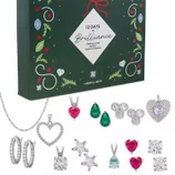 A \“12 Days of Brilliance\“ sterling silver jewelry advent calendar from Macy's features various earrings and pendants, including heart, star, and pear-shaped designs, with a mix of colorful stones and cubic zirconia.