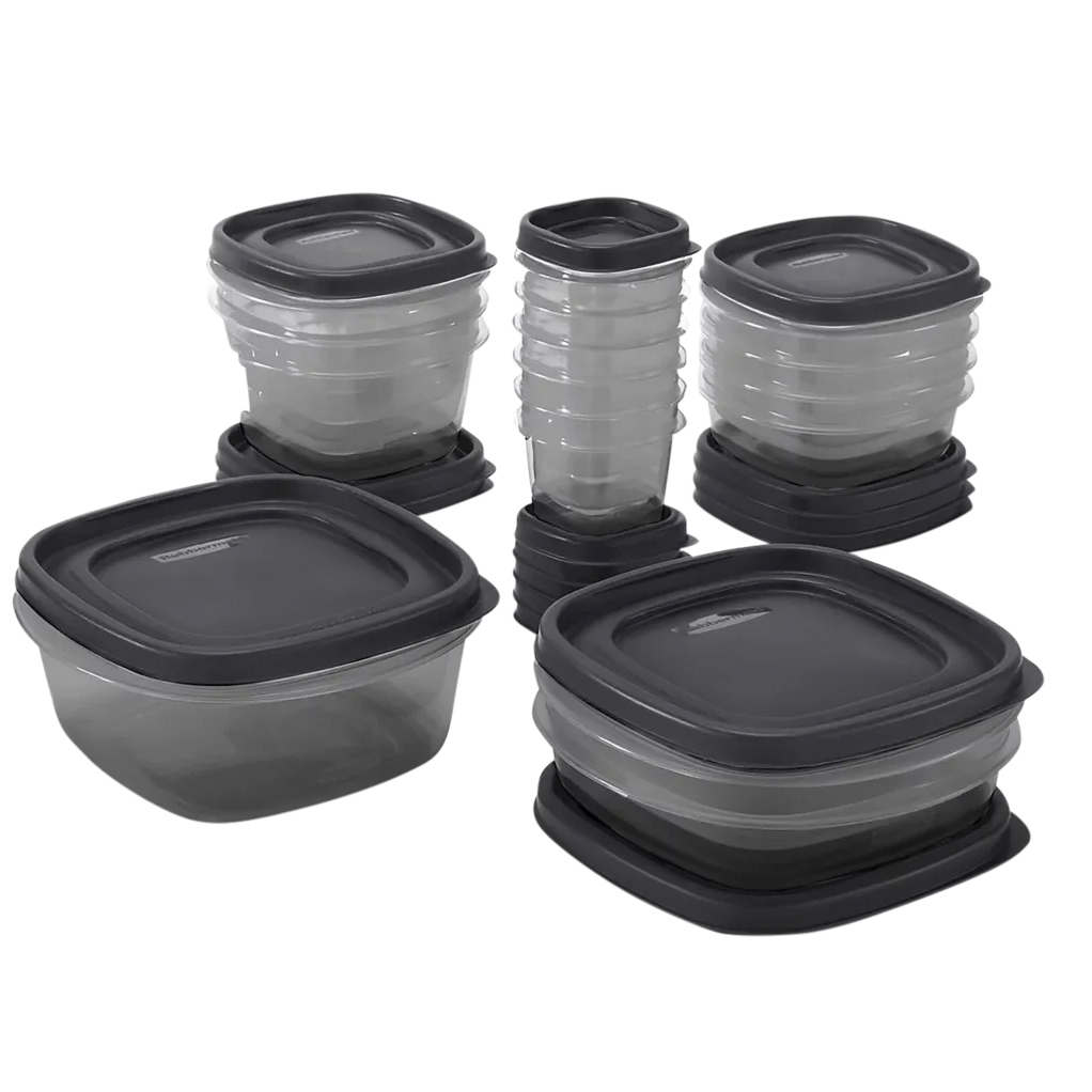 The 32pc Rubbermaid Food Storage Set includes a variety of stackable, clear plastic containers with black lids, designed for efficient kitchen storage and organization.