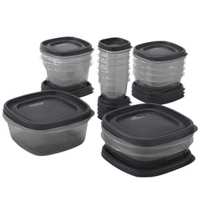 The 32pc Rubbermaid Food Storage Set includes a variety of stackable, clear plastic containers with black lids, designed for efficient kitchen storage and organization.