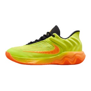 Bright green and orange athletic sneaker with a wavy sole design, black laces, and a prominent orange swoosh logo on the side.