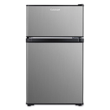 A Cuisinart mini fridge with a top freezer, featuring a sleek stainless steel design and compact size, suitable for small spaces or dorm rooms.