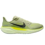 A light green Nike running shoe with a black swoosh logo, featuring a textured mesh upper and a cushioned sole, accented with yellow details.