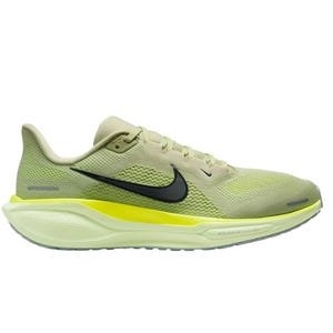 A light green Nike running shoe with a black swoosh logo, featuring a textured mesh upper and a cushioned sole, accented with yellow details.