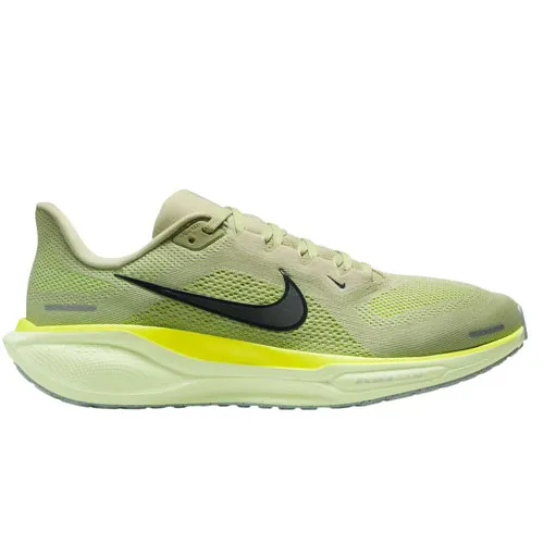 A light green Nike running shoe with a black swoosh logo, featuring a textured mesh upper and a cushioned sole, accented with yellow details.