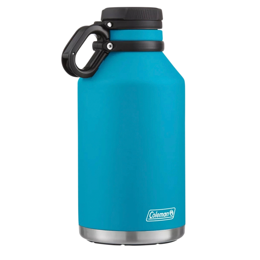 A blue Coleman 64oz insulated bottle with a black cap and handle, ideal for keeping beverages hot or cold.
