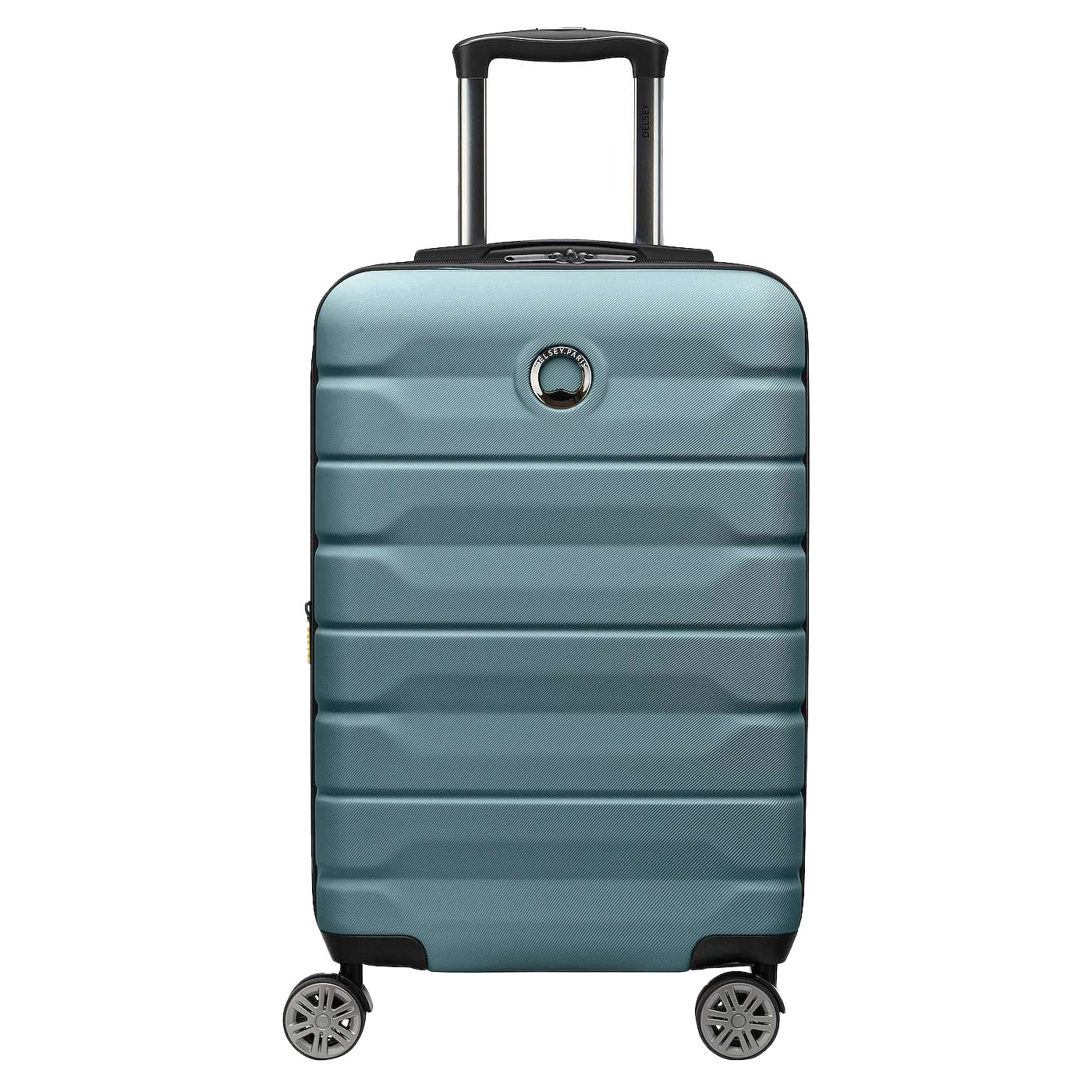 A light blue hard-shell suitcase with a telescopic handle and four double-spinner wheels for easy maneuverability.