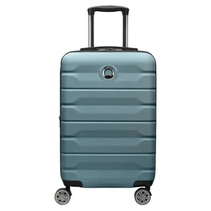 A light blue hard-shell suitcase with a telescopic handle and four double-spinner wheels for easy maneuverability.
