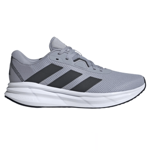 A gray athletic sneaker with three black stripes, featuring a mesh upper and a white Cloudfoam sole.