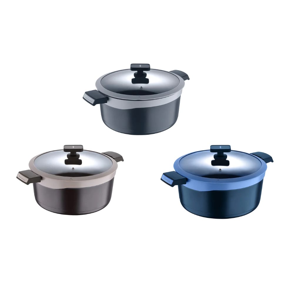 Three cooking pots with lids in gray, brown, and blue colors.