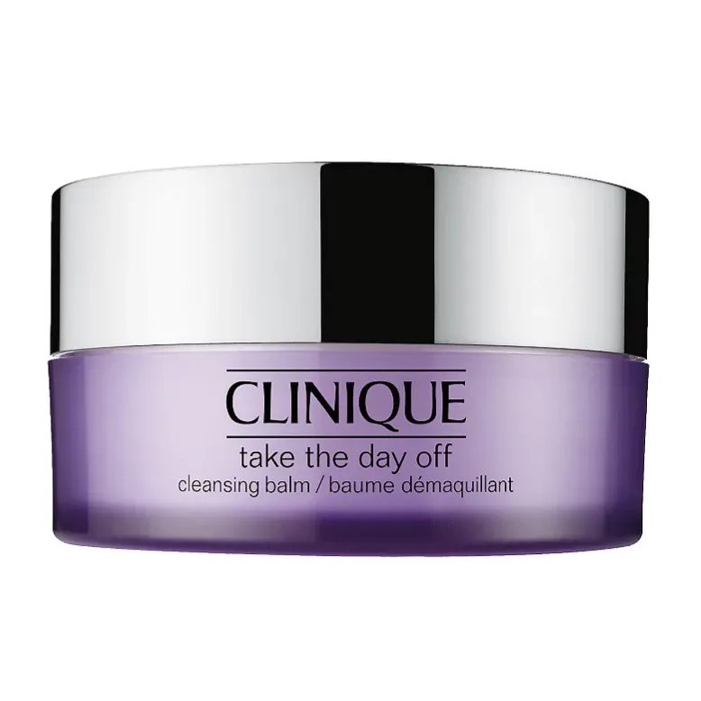 Clinique Take the Day Off Cleansing Balm in a purple jar with a silver lid; it's designed for removing makeup.