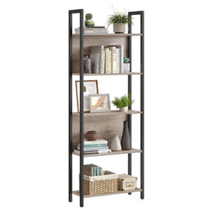 A tall bookcase with five shelves featuring a black metal frame and wooden shelves, displaying books, potted plants, decorative items, and storage baskets.