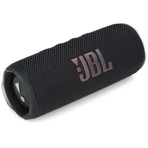 A cylindrical JBL portable Bluetooth speaker in black.