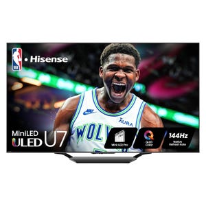 Hisense 55\“ ULED U7 Google Smart TV features Mini-LED Pro, QLED Color, and a native refresh rate of 144Hz, with NBA branding.