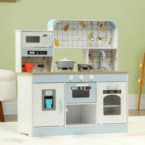 Wooden play kitchen set with stove, oven, microwave, and sink, featuring light blue accents. Kitchenware and playful fruit designs decorate the backdrop.