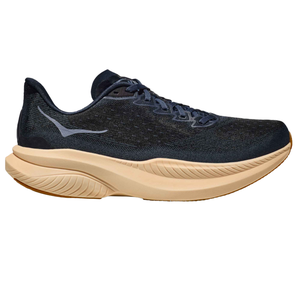Hoka Men's Mach 6 Shoes feature a dark mesh upper for breathability, a cushioned, beige midsole for comfort, and a lightweight design for performance running.