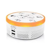 A compact white noise machine with a circular design, featuring sound options like ocean waves, birds, and lullabies, and equipped with USB charging ports.