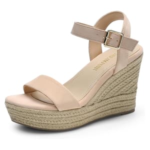Beige wedge sandal with an ankle strap and buckle, featuring a braided rope platform design for added height and style.