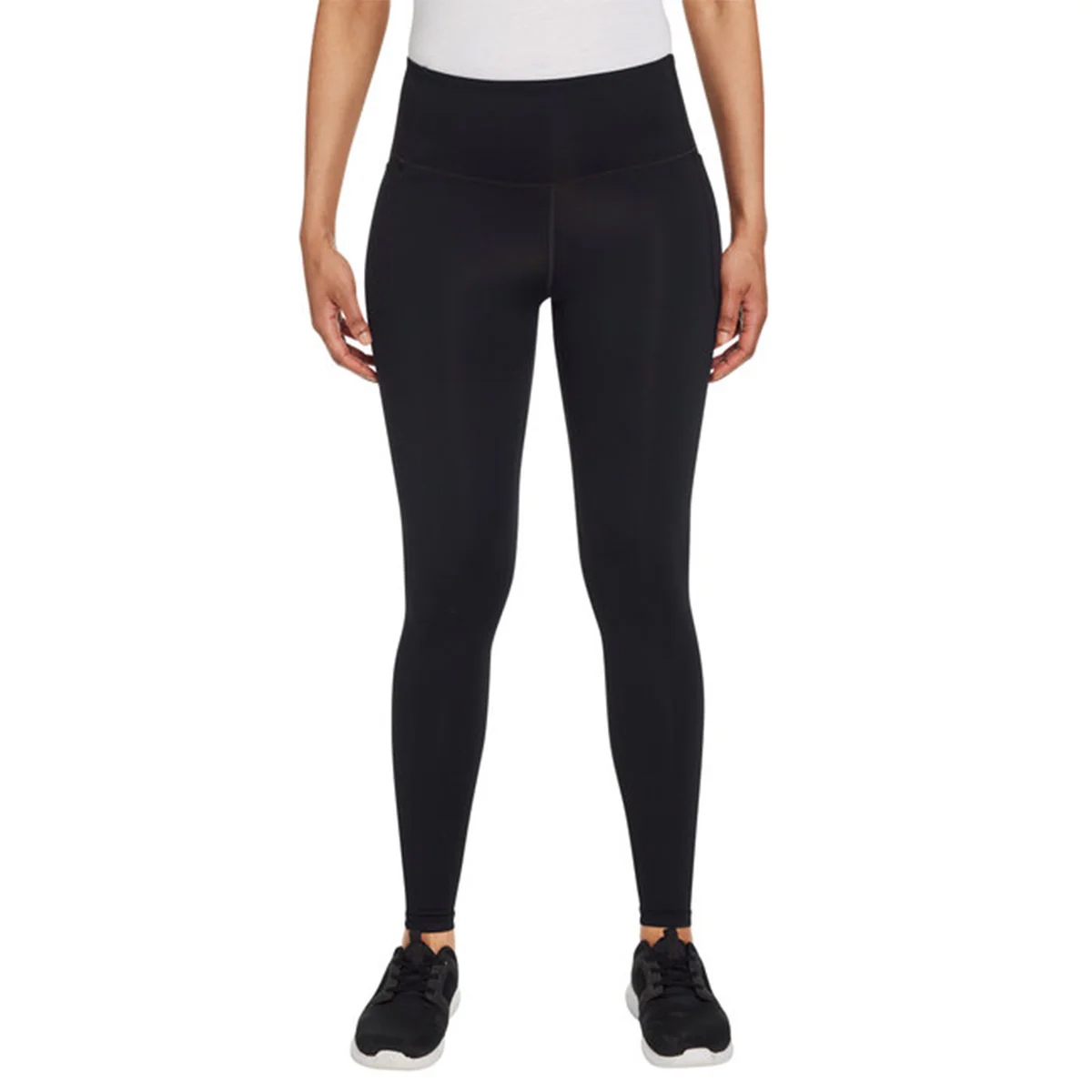Black Under Armour Meridian leggings with a high waistband, designed for comfort and flexibility, paired with black athletic shoes.