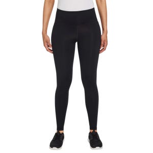 Black Under Armour Meridian leggings with a high waistband, designed for comfort and flexibility, paired with black athletic shoes.