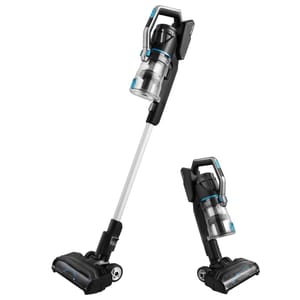 Eureka Cordless Stick Vacuum with a sleek design features a detachable handheld unit, clear dust container, and ergonomic handle. Suitable for versatile cleaning, it includes a motorized brush head and rechargeable battery.