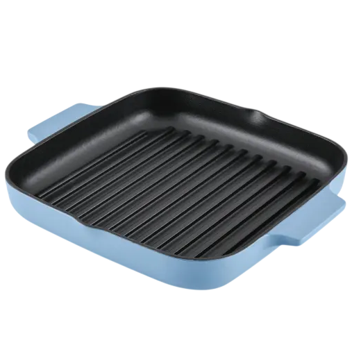 A square, blue grill pan with handles, featuring a ribbed surface.