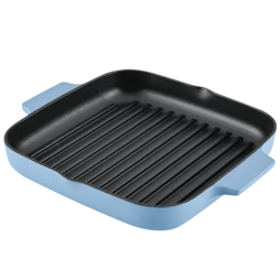 A square, blue grill pan with handles, featuring a ribbed surface.