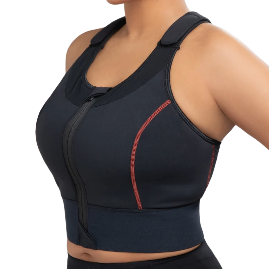 A black neoprene waist cincher tank top with red stitching and a front zipper, designed for support and shaping during workouts.