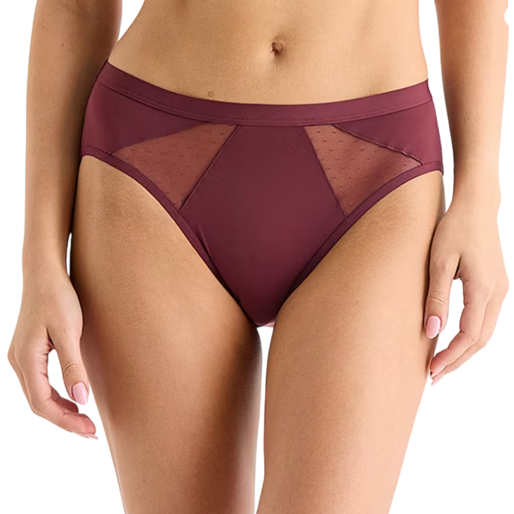 Maroon high-waisted bikini-style panties featuring semi-sheer mesh panels with a subtle dotted pattern. Ideal for stylish comfort.