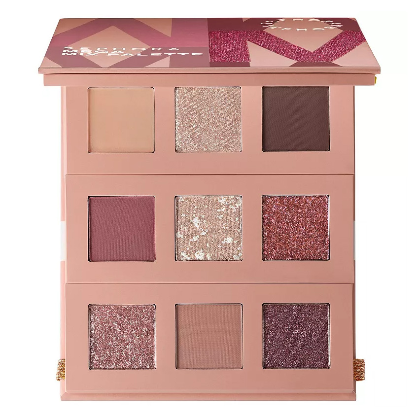 An eyeshadow palette featuring three rows of different shades, including matte and shimmery colors in neutral and pink hues.