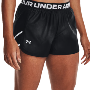 Under Armour Women's Shorts in black with a logo on the left leg and \“Under Armour\“ printed on the waistband. The design is sporty with a relaxed fit.