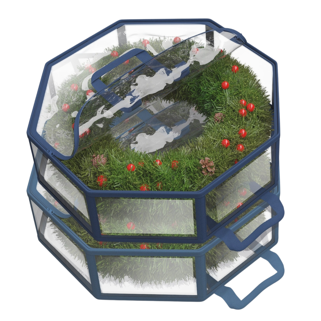 Stackable, clear storage container for wreaths, featuring a blue frame, handles, and visible holiday decorations inside like berries and pinecones.