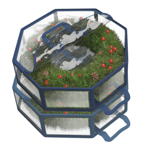 Stackable, clear storage container for wreaths, featuring a blue frame, handles, and visible holiday decorations inside like berries and pinecones.