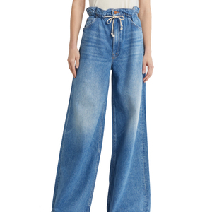 Wide-leg jeans with light blue wash, paperbag waist, and drawstring tie. Features include front pockets and a high-rise fit.