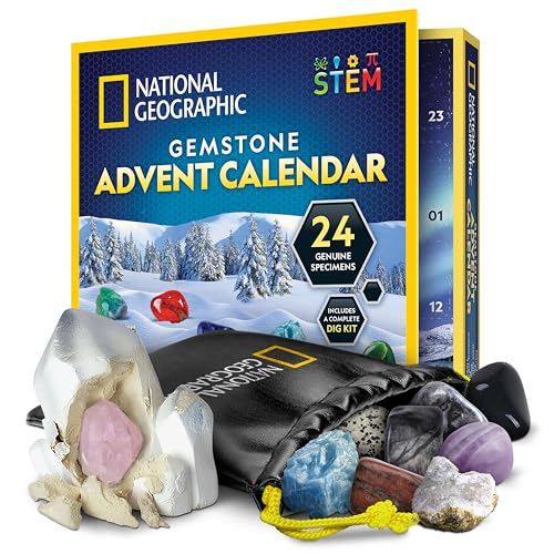 National Geographic Gemstone Advent Calendar featuring 24 genuine specimens, includes a complete dig kit.