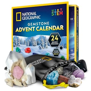 National Geographic Gemstone Advent Calendar featuring 24 genuine specimens, includes a complete dig kit.